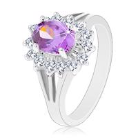 Błyszczący pierścionek srebrnego koloru, fioletowy owal, cyrkoniowa oprawa - Rozmiar : 56