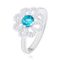 Błyszczący pierścionek, srebro 925, cyrkoniowy kwiat - przejrzyste płatki, jasnoniebieski środek - Rozmiar : 58