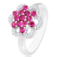 Błyszczący pierścionek, srebro 925, lśniące ramiona, kwiat z różowych i przezroczystych cyrkonii - Rozmiar : 52