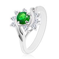 Błyszczący pierścionek w srebrnym odcieniu, zielono-przezroczyste cyrkonie, gładkie łuki - Rozmiar : 52