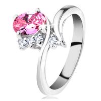 Błyszczący pierścionek z zakrzywionymi ramionami, różowa owalna cyrkonia, przezroczyste cyrkonie - Rozmiar : 50