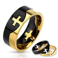 Czarno-złoty dwukolorowy pierścionek ze stali chirurgicznej, krzyż - Rozmiar : 59