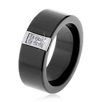 Czarny ceramiczny pierścionek o gładkiej powierzchni, stalowy prostokąt z cyrkoniami - Rozmiar : 65
