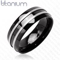 Czarny pierścionek z tytanu - dwa cienkie srebrne pasy - Rozmiar : 50