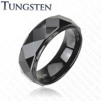 Czarny pierścionek z wolframu, podwyższony pas o lśniącej wyszlifowanej powierzchni, 8 mm - Rozmiar : 67