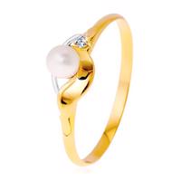 Diamentowy pierścionek z 14K złota, dwukolorowe fale, bezbarwny brylant i biała perła - Rozmiar : 55