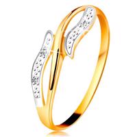 Diamentowy pierścionek z 14K złota, faliste dwukolorowe ramiona, trzy bezbarwne diamenty - Rozmiar : 52