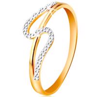 Diamentowy pierścionek ze złota 585, proste i faliste ramię, drobne bezbarwne diamenty  - Rozmiar : 49