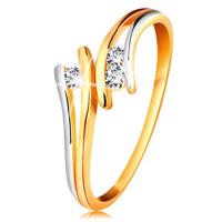 Diamentowy złoty pierścionek 585, trzy błyszczące przezroczyste brylanty, rozdzielone dwukolorowe ramiona  - Rozmiar : 50