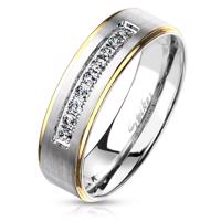 Dwukolorowy pierścień ze stali, srebrny i złoty odcień, przezroczyste cyrkonie, 6 mm - Rozmiar : 52
