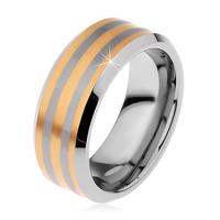 Dwukolorowy pierścionek tungsten z trzema paseczkami złotego koloru, lśniąco-matowy, 8 mm - Rozmiar : 67