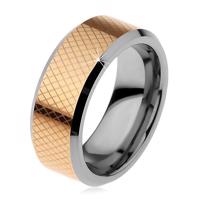 Dwukolorowy wolframowy pierścionek, drobne romby, ścięte krawędzie, 8 mm - Rozmiar : 49