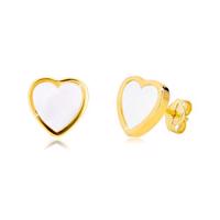 Kolczyki z żółtego 14K złota - kontur symetrycznego serca z naturalną masą perłową