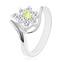 Lśniący pierścionek srebrnego koloru, cyrkoniowy kwiatek z żółtozielonym środkiem - Rozmiar : 51