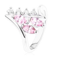 Lśniący pierścionek srebrnego koloru, zagięte końce ramion, bezbarwne i różowe cyrkonie - Rozmiar : 49
