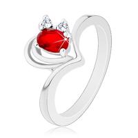 Lśniący pierścionek srebrnego koloru, zarys serduszka, czerwono-przezroczyste cyrkonie - Rozmiar : 50