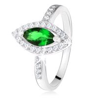 Lśniący pierścionek - srebro 925, zielony kamień ziarenko z obwódką, przezroczyste cyrkonie - Rozmiar : 57