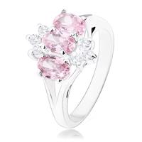 Lśniący pierścionek w srebrnym odcieniu, różowe cyrkoniowe owale, przezroczyste cyrkonie - Rozmiar : 53