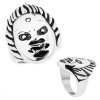 Masywny stalowy pierścionek, lśniąca powierzchnia, twarz demona, srebrny odcień  - Rozmiar : 60