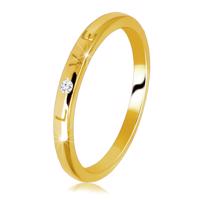 Obrączka z żółtego złota 585 - pierścionek z wygrawerowanym napisem "LOVE", okrągła cyrkonia - Rozmiar : 58