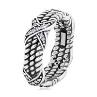 Patynowany srebrny pierścionek 925, motyw skręconej liny, krzyżyki z cyrkoniami - Rozmiar : 56