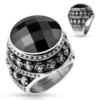 Patynowany stalowy pierścionek, czarny oszlifowany kamień, zarys z małych czaszek - Rozmiar : 62