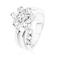 Pierścionek srebrnego koloru, błyszczący kwiatek z przezroczystych cyrkonii, rozdzielone ramiona - Rozmiar : 58