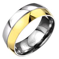 Pierścionek z tytanu - złoto-srebrna zaokrąglona obrączka z wygrawerowaną linią - Rozmiar : 60