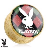 Plug do ucha z bambusa, zajączek Playboy na tle w kratkę - Szerokość: 12 mm