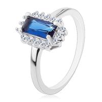 Rodowany pierścionek, srebro 925, prostokątna niebieska cyrkonia, bezbarwna cyrkoniowa oprawa - Rozmiar : 49
