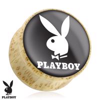 Siodłowy plug do ucha z naturalnego drewna, zajączek Playboy, czarne tło - Szerokość: 8 mm