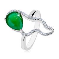 Srebrny 925 pierścionek - duża zielona łza z cyrkonii, bezbarwny asymetryczny kontur - Rozmiar : 53