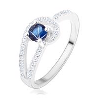 Srebrny pierścionek 925, błyszczące pasy bezbarwnego koloru, okrągła niebieska cyrkonia - Rozmiar : 49