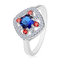 Srebrny pierścionek 925, ciemnoniebieski środek, bezbarwne i czerwone cyrkonie - Rozmiar : 52