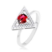 Srebrny pierścionek 925 - cyrkoniowy zarys trójkąta, okrągła czerwona cyrkonia - Rozmiar : 48