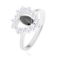 Srebrny pierścionek 925, czarna cyrkonia - ziarenko, sercowy zarys, przejrzyste cyrkonie - Rozmiar : 49