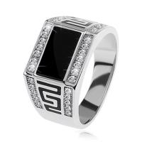 Srebrny pierścionek 925, czarny prostokąt, przezroczyste lśniące kamyczki, klucz grecki - Rozmiar : 64
