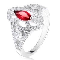 Srebrny pierścionek 925, czerwony kamień ziarno, wycinane cyrkoniowe ramiona - Rozmiar : 54
