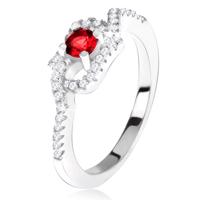 Srebrny pierścionek 925, czerwony kamyczek, skręcone cyrkoniowe ramiona - Rozmiar : 60