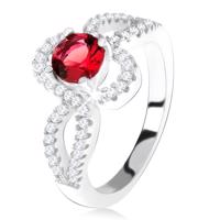 Srebrny pierścionek 925, czerwony okrągły kamień, skręcone cyrkoniowe ramiona - Rozmiar : 60