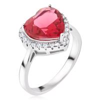 Srebrny pierścionek 925 - duży czerwony kamień serce, cyrkoniowa obwódka - Rozmiar : 49