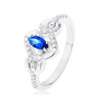 Srebrny pierścionek 925, niebieski cyrkoniowy owal, przeplecione linie zdobione cyrkoniami - Rozmiar : 57