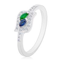 Srebrny pierścionek 925, niebieskie i zielone ziarenko w bezbarwnym konturze, rodowany - Rozmiar : 55