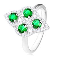 Srebrny pierścionek 925, obły romb, cztery okrągłe zielone cyrkonie, przejrzysta obwódka - Rozmiar : 54