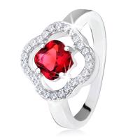 Srebrny pierścionek 925, oszlifowany czerwony kamień, przeźroczyste cyrkonie, kwiat - Rozmiar : 55