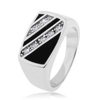 Srebrny pierścionek 925, prostokąt - ukośne pasy z przezroczystych cyrkonii, czarna emalia - Rozmiar : 61