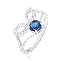 Srebrny pierścionek 925, rozdzielone ramiona, przejrzyste zarysy ziarenek, ciemnoniebieska cyrkonia - Rozmiar : 49