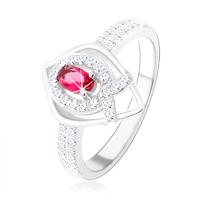 Srebrny pierścionek 925, zarys spiczastej łzy, różowa cyrkonia, linia w kształcie "V" - Rozmiar : 50