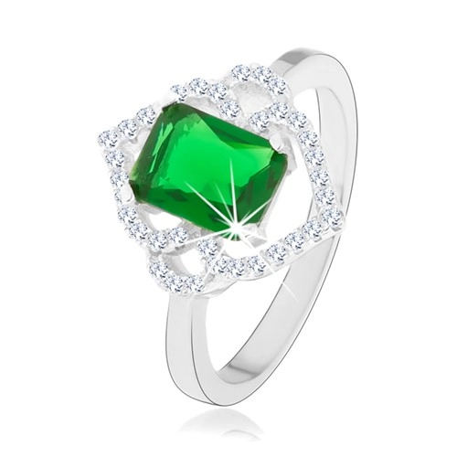 Srebrny pierścionek 925, zielona prostokątna cyrkonia, przejrzyste zarysy listków, łuki - Rozmiar : 48