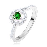 Srebrny pierścionek 925, zielone cyrkoniowe serduszko, błyszczące pasy - Rozmiar : 57
